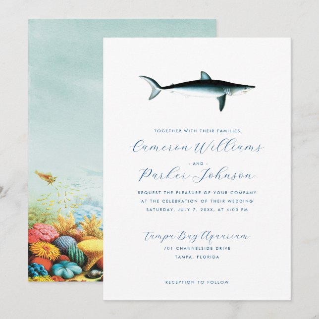 Hochzeit des Blue Shark Aquariums unter dem Meer Einladung (Vorne/Hinten)