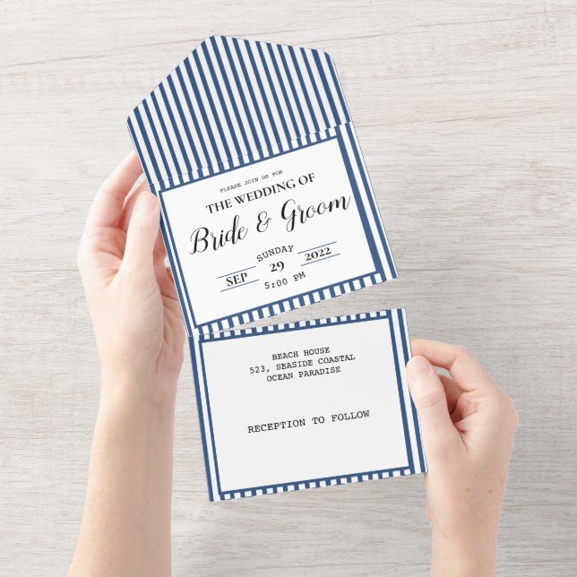Hochzeit des Blue Stripe Coastal Beach All In One Einladung (Abreißen)