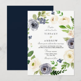 Hochzeit des Blumenkranzes in Weiß und Navy Einladung