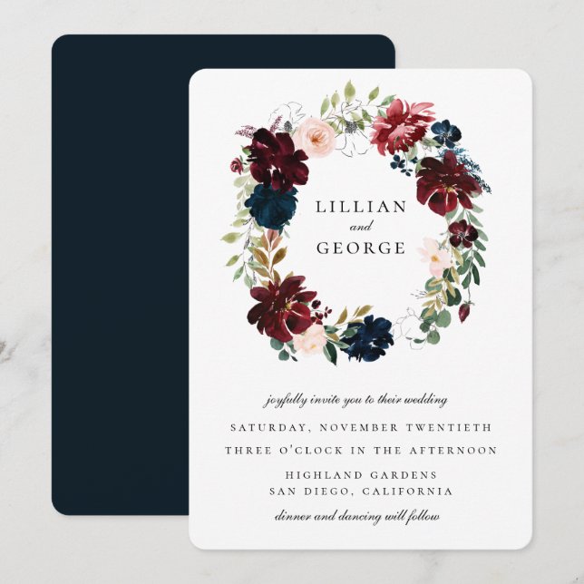 Hochzeit des Blumenkreides von Navy Burgund Einladung (Vorne/Hinten)