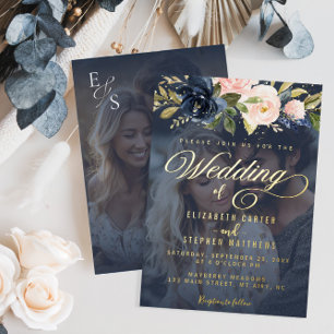 Hochzeit des blumigen Fotos in Blau und Rosa Folieneinladung