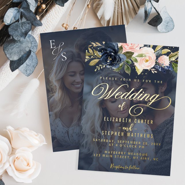 Hochzeit des blumigen Fotos in Blau und Rosa Folieneinladung (Von Creator hochgeladen)