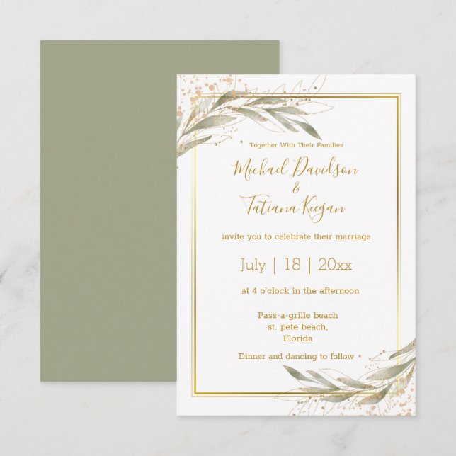 Hochzeit des botanischen grünen Salbei Einladung (Vorne/Hinten)