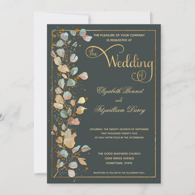 Hochzeit des Botanischen Olive Green Gold Foto  Einladung (Vorderseite)