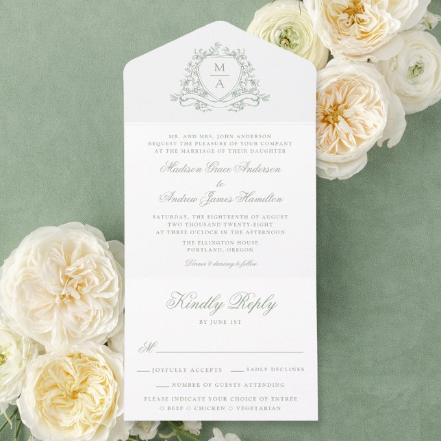 Hochzeit des eleganten grünen Wappen All In One Einladung (Von Creator hochgeladen)