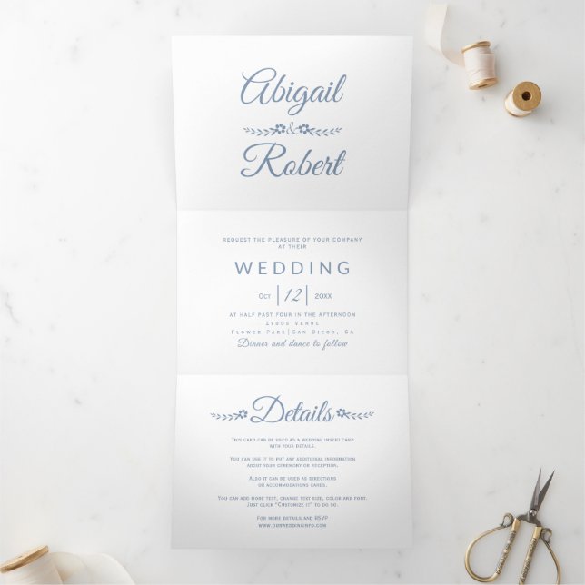 Hochzeit des Fotos in Edelblau-Weißtypografie Dreifach Gefaltete Einladung (Innenseite)
