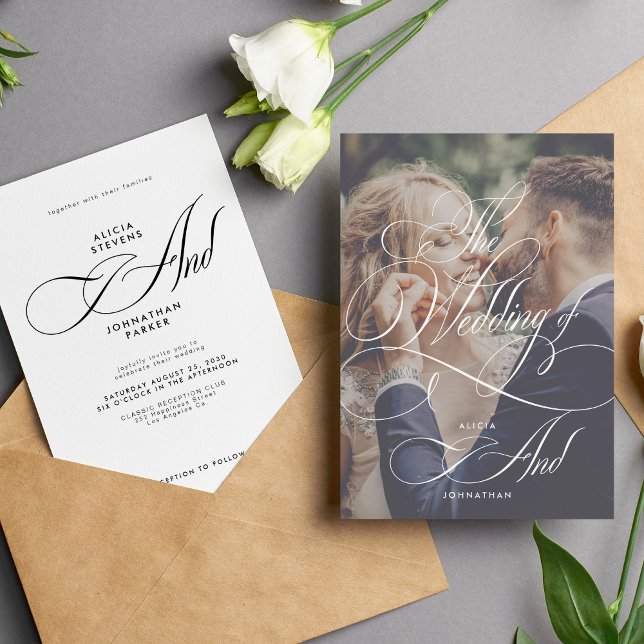Hochzeit des Fotos mit eleganten Schriftzeichen Einladung (Von Creator hochgeladen)