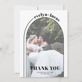Hochzeit des Fotos mit schwarzem, weißem Bogen und Dankeskarte