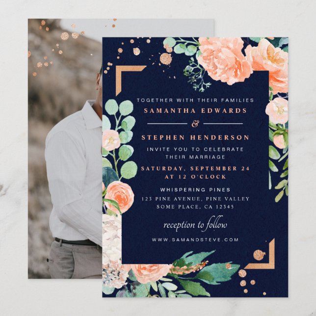 Hochzeit des Fotos Peach Navy Einladung (Vorne/Hinten)