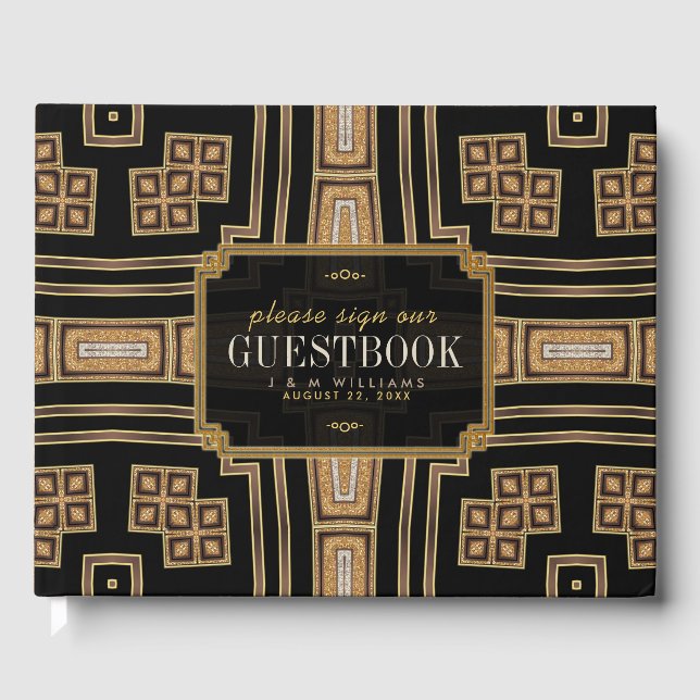 Hochzeit des Golden Black Geometric Mosaic Gästebuch (Vorderseite)