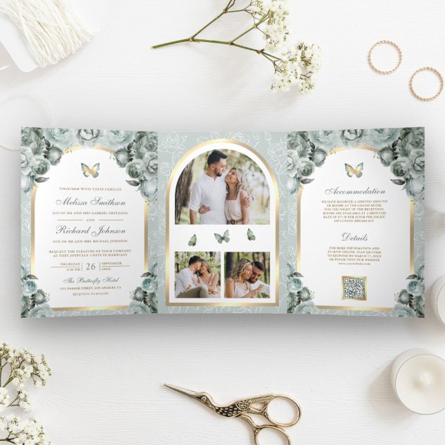 Hochzeit des grünen Blütengoldes-Schmetterlings Dreifach Gefaltete Einladung (Von Creator hochgeladen)