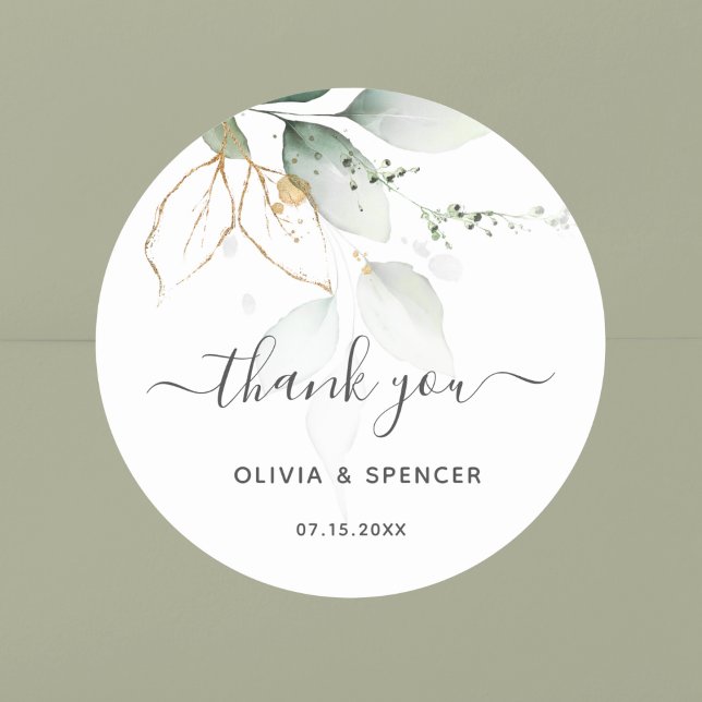Hochzeit des grünen und goldenen botanischen Garte Runder Aufkleber (Botanical Thank You Label)