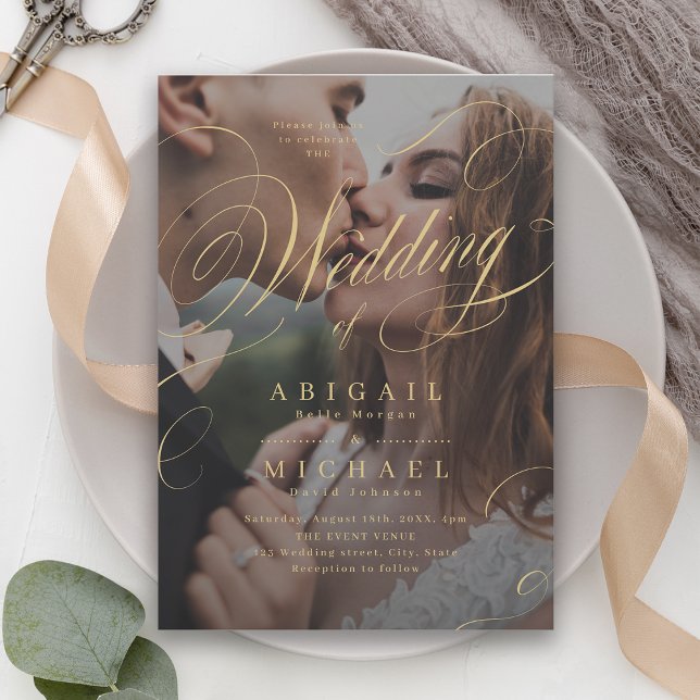 Hochzeit des klassischen Fotos mit klassischer Kal Einladung (Gold elegant classic calligraphy photo wedding invitation)