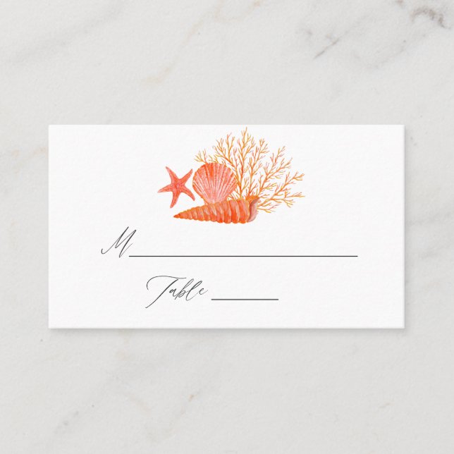 Hochzeit des Korallenstrands mit Aquarellfarben Platzkarte (Vorderseite)