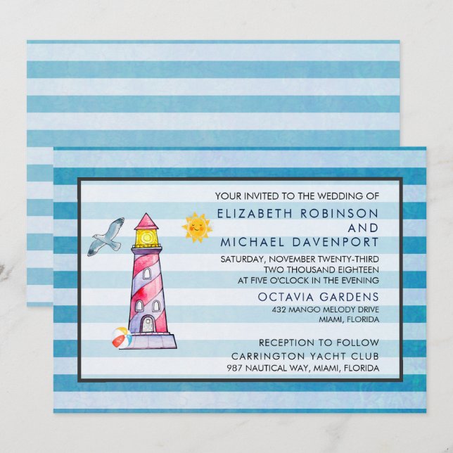 Hochzeit des Leuchtturms "Red Striped Watercolor" Einladung (Vorne/Hinten)
