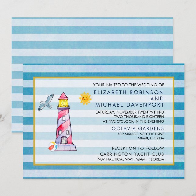 Hochzeit des Leuchtturms "Red Striped Watercolor" Einladung (Vorne/Hinten)