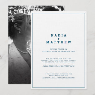Hochzeit des Minimalistischen Fotos in Blau und We Einladung