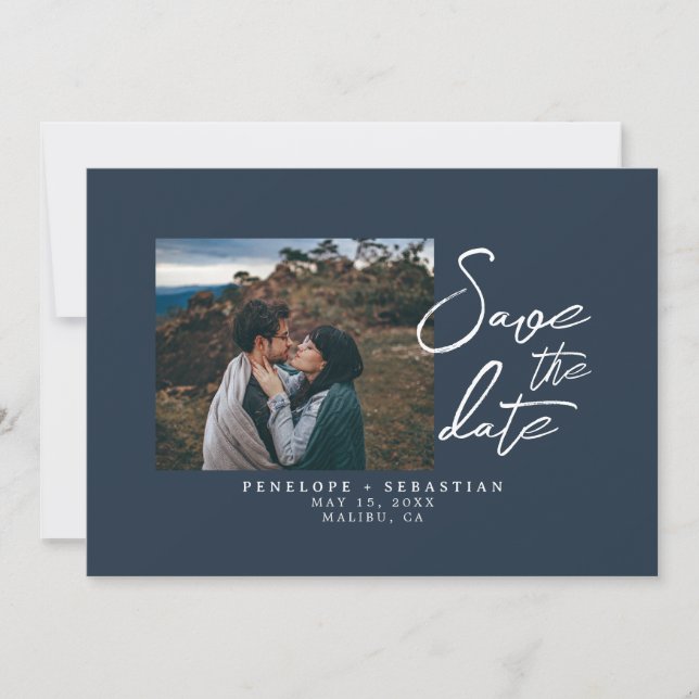 Hochzeit des Minimalistischen Navy Blue Calligraph Save The Date (Vorderseite)
