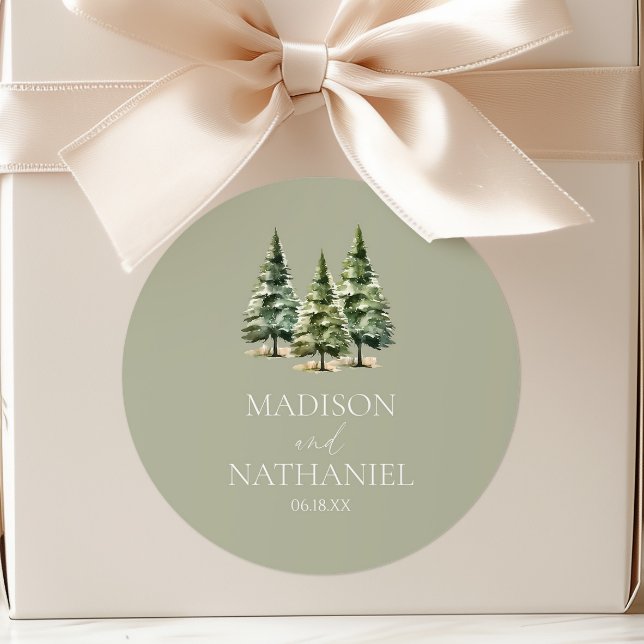 Hochzeit des Minimalistischen Winterschneewaldes Runder Aufkleber (Von Creator hochgeladen)