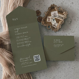 Hochzeit des modernen Chic Olive Green QR Monogram All In One Einladung