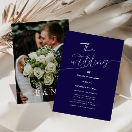 Hochzeit des modernen Fotos in Blau und Weiß Einladung
