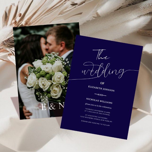 Hochzeit des modernen Fotos in Blau und Weiß Einladung (Von Creator hochgeladen)