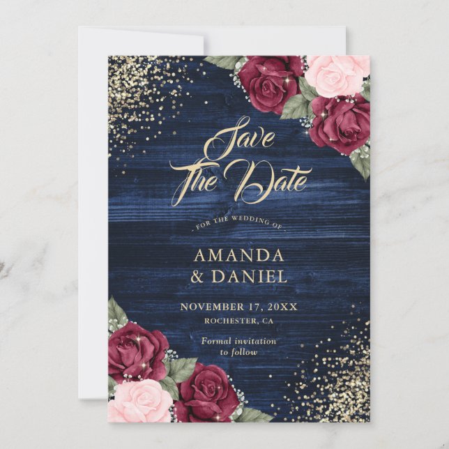Hochzeit des Navy Blue Burgundy Blush Gold Glitzer Save The Date (Vorderseite)