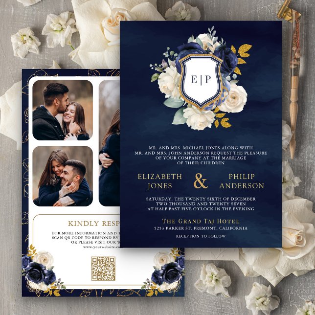 Hochzeit des Navy Blue Floral QR Code Foto Wappen Einladung (Von Creator hochgeladen)