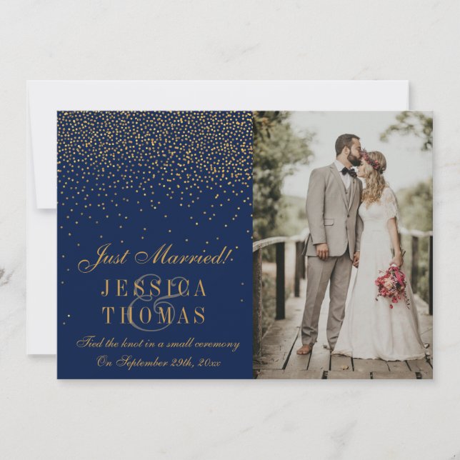 Hochzeit des Navy Blue & Glam Gold Confetti Foto Ankündigung (Vorderseite)