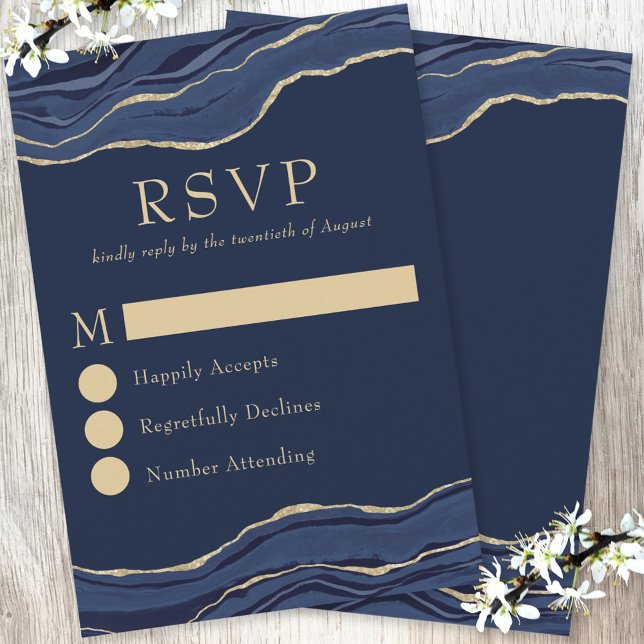 Hochzeit des Navy Blue Marble Agate Gold Glitzer RSVP Karte (Von Creator hochgeladen)