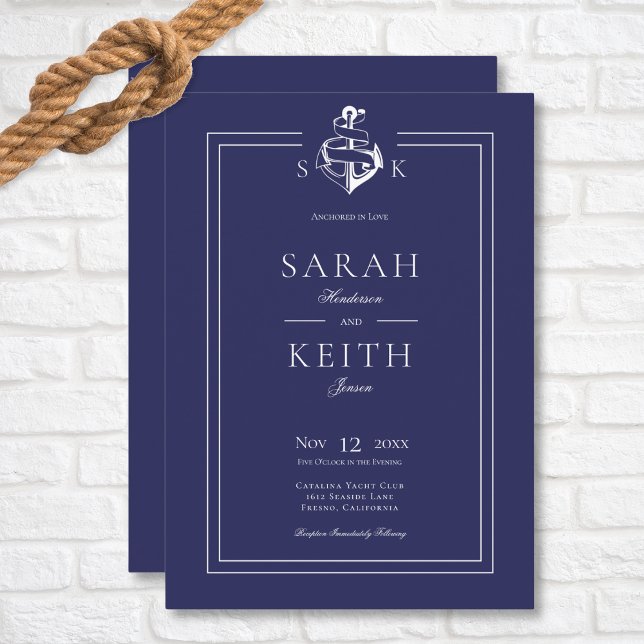 Hochzeit des Navy Blue Nautical Anchor Monogram Einladung (Navy Nautical Monogram Wedding Invitation)