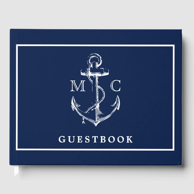 Hochzeit des Navy Blue Nautical Anchor Monogram Gästebuch (Vorderseite)