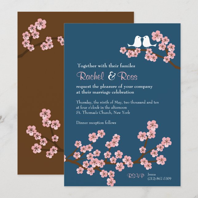 Hochzeit des Navy Blue & Pink Cherry Blossom Sprin Einladung (Vorne/Hinten)