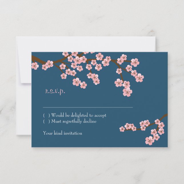 Hochzeit des Navy Blue & Pink Cherry Blossom Sprin RSVP Karte (Vorderseite)