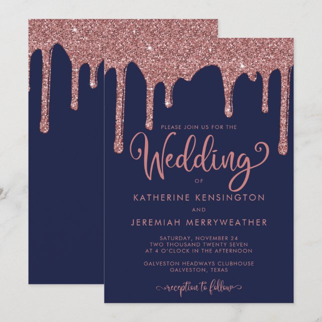 Hochzeit des Navy Blue Rose Gold Glam Glitzer Einladung (Vorne/Hinten)