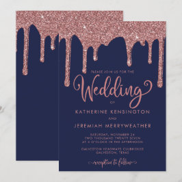 Hochzeit des Navy Blue Rose Gold Glam Glitzer Einladung