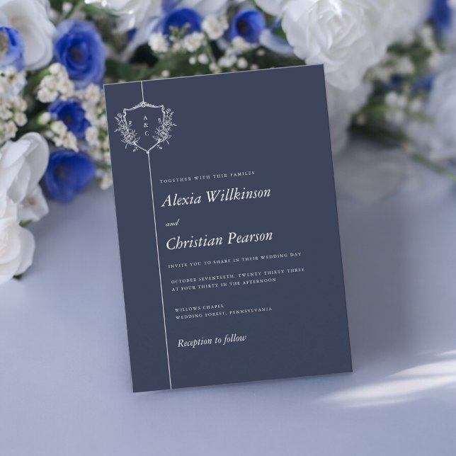 Hochzeit des Navy Blue-Wappen Einladung (navy blue with white text crest wedding invitation , simple stylish wedding , tie the knot in style )