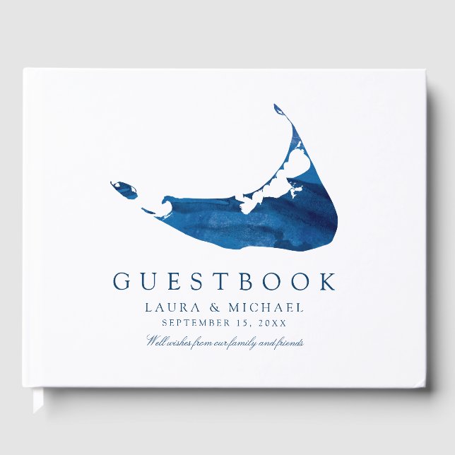 Hochzeit des Navy Blue Watercolor Nantucket Map Gästebuch (Vorderseite)