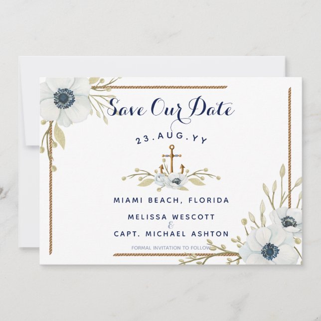 Hochzeit des Navy Blue & White Anemone Nautical An Save The Date (Vorderseite)
