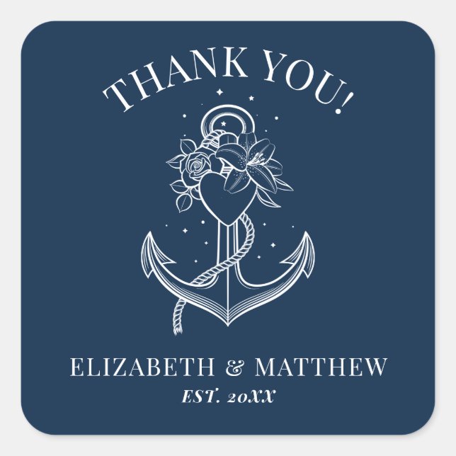 Hochzeit des Navy Blue White Nautical Anchor Quadratischer Aufkleber (Vorderseite)