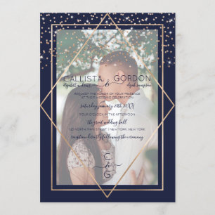 Hochzeit des Navy Gold Confetti Geo Border Fotos Einladung