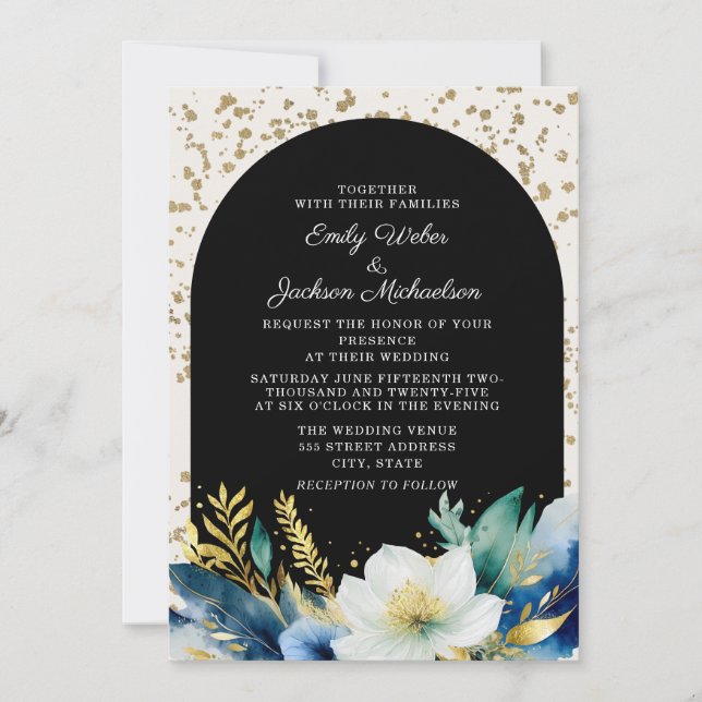 Hochzeit des Navy White Gold Floral Arch Glitzer Einladung (Vorderseite)