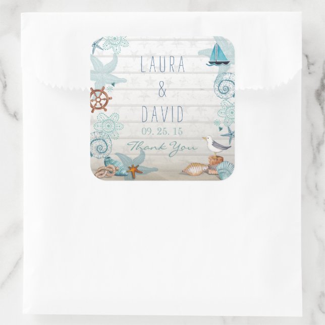 Hochzeit des niedlichen nautischen Sommers Quadratischer Aufkleber (Tasche)