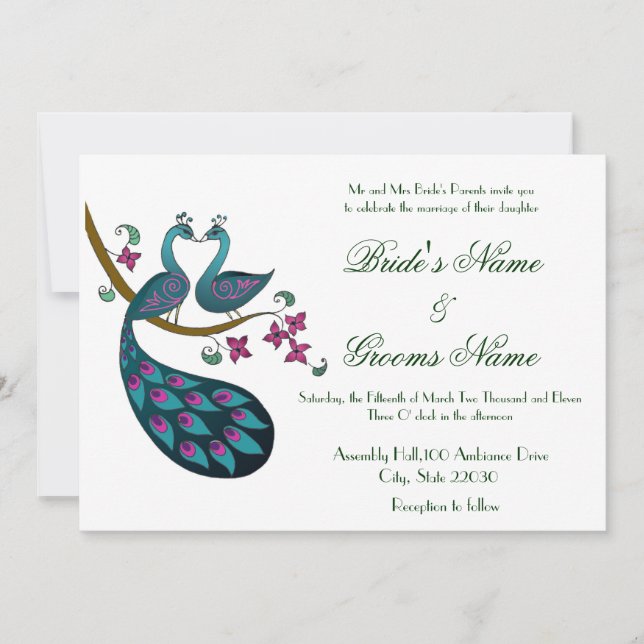Hochzeit des Pfau--1 lädt ein Einladung (Vorderseite)