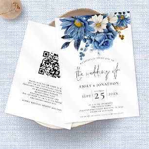 Hochzeit des QR-Codes von Navy Blue Gold Florals Einladung