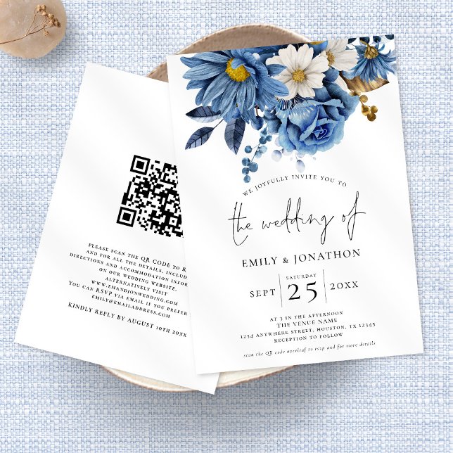 Hochzeit des QR-Codes von Navy Blue Gold Florals Einladung (Von Creator hochgeladen)