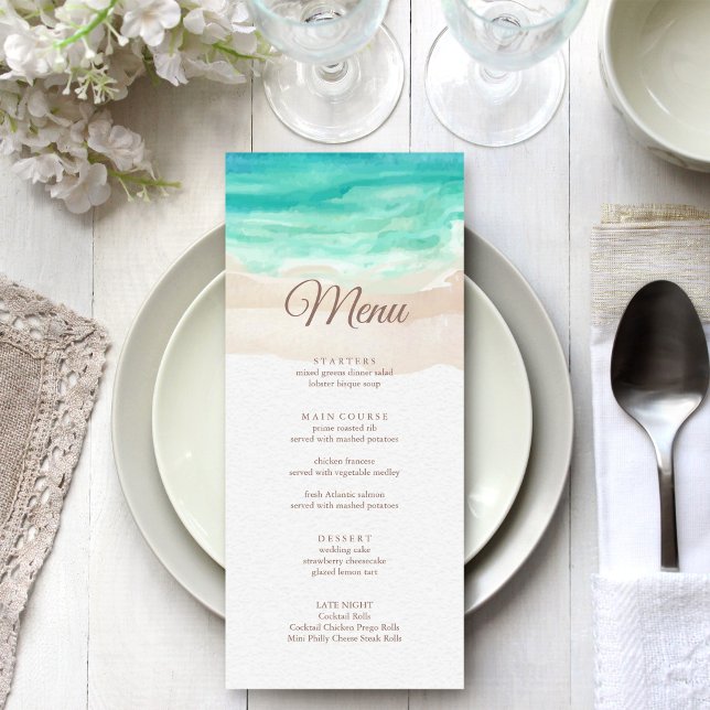 Hochzeit des tropischen Strandes Menükarte (Watercolor Tropical Beach Wedding Menu on white wedding dinner table.)