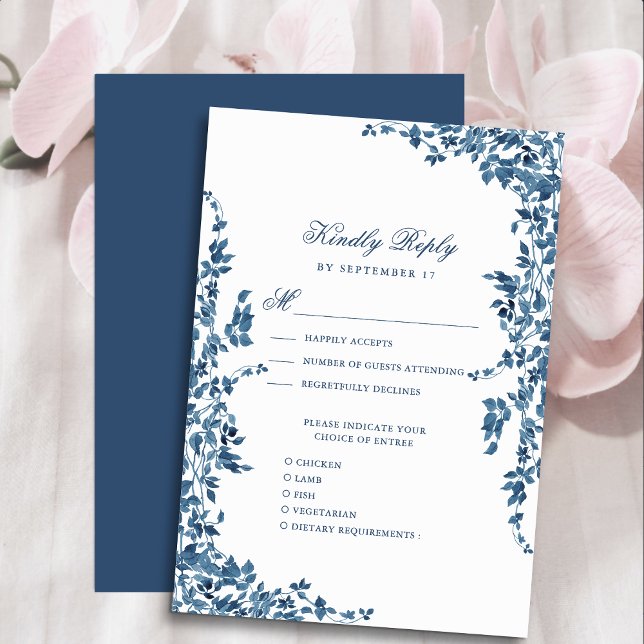 Hochzeit des Vintagen Blumengartens Navy Classic RSVP Karte (Von Creator hochgeladen)
