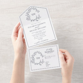 Hochzeit des Wappen Mongram Blue Leafy All In One Einladung