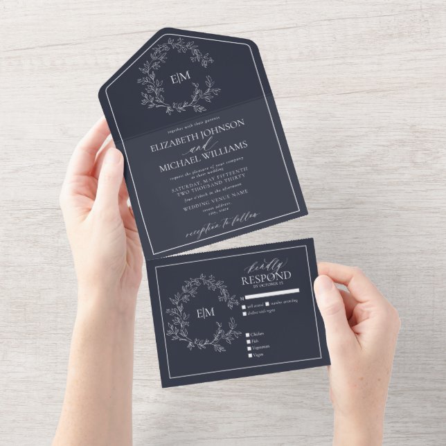 Hochzeit des Wappen Mongram Blue Leafy All In One Einladung (Abreißen)